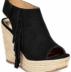 Black Suede Fringe Wedge Size 11 by Report